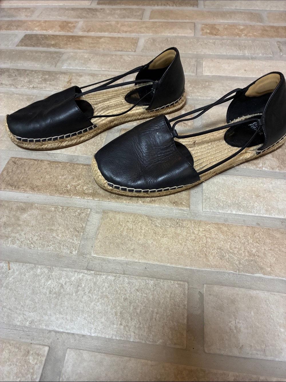 Eileen Fisher Black Leather Espadrille Sandals with Lace Straps